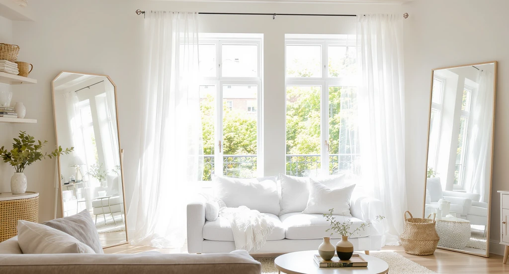 Bright living room staged with ai-powered sustainable home staging strategies, featuring sheer curtains, repositioned furniture, and mirrors to enhance natural light using ai for eco-friendly interior design and virtual staging with natural materials visualization.