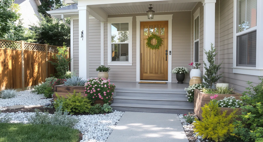Photorealistic sustainable home entrance with native plants in wooden planters, eco-friendly wooden seating, and water-efficient gravel path using ai-powered sustainable home staging strategies.