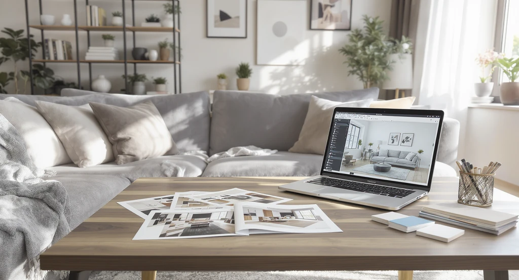 Photorealistic living room setup with a laptop displaying AI interior design software, material samples, printed digital room references, and natural lighting—demonstrating how to refine AI room designs, use reference images in AI interior design, and avoid common mistakes in home visualization.