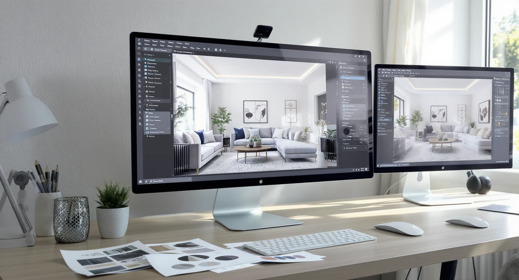 Modern home office setup showing a monitor with an AI room design, printed reference images, and material samples—demonstrating how to refine AI room designs and avoid common mistakes in the AI room makeover process.
