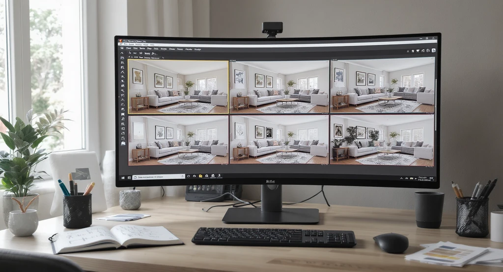 Modern home office desk with computer showing step by step AI room makeover process, using reference images to refine AI room designs, highlighting common mistakes.