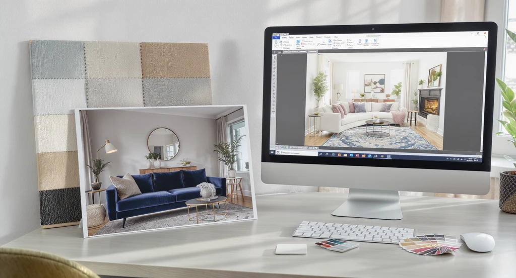 Workspace showing step by step ai room makeover process with a reference photo, fabric swatches, and AI interior design software for refining designs.