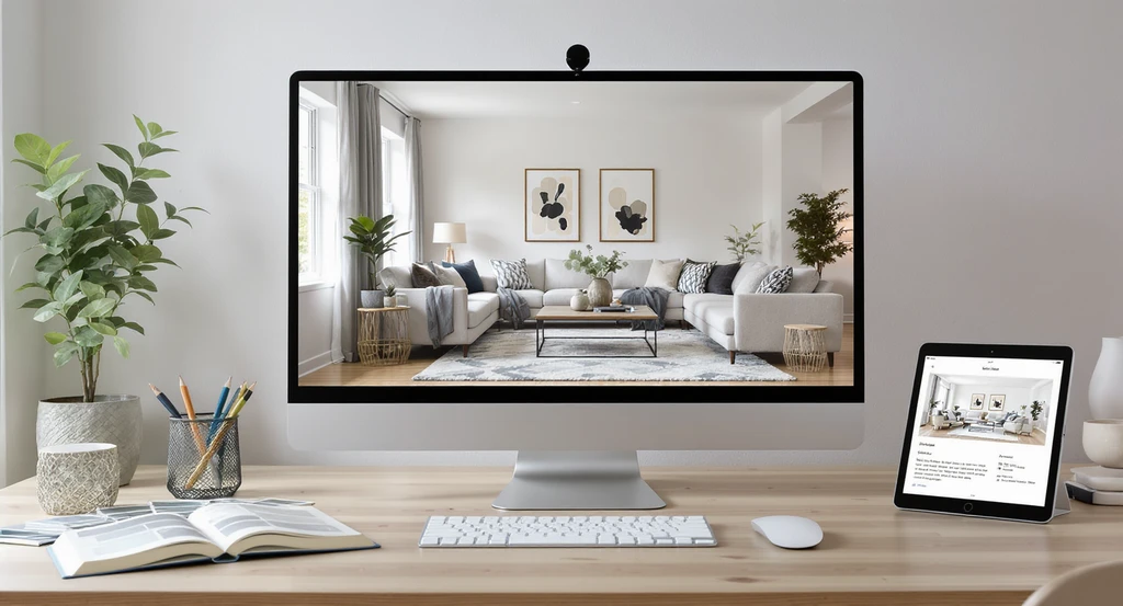 Modern workspace with design tools and computer screen showing listing-ready AI-generated living room, illustrating how many AI generations for listing-ready room, AI room staging process explained, and steps to optimize AI home design using reference photos.