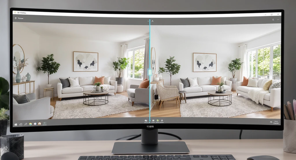 A reference photo and an AI-generated room design are displayed side-by-side on a computer screen, demonstrating how using reference images for AI room staging streamlines the process and reduces the number of AI generations needed for a listing-ready space.