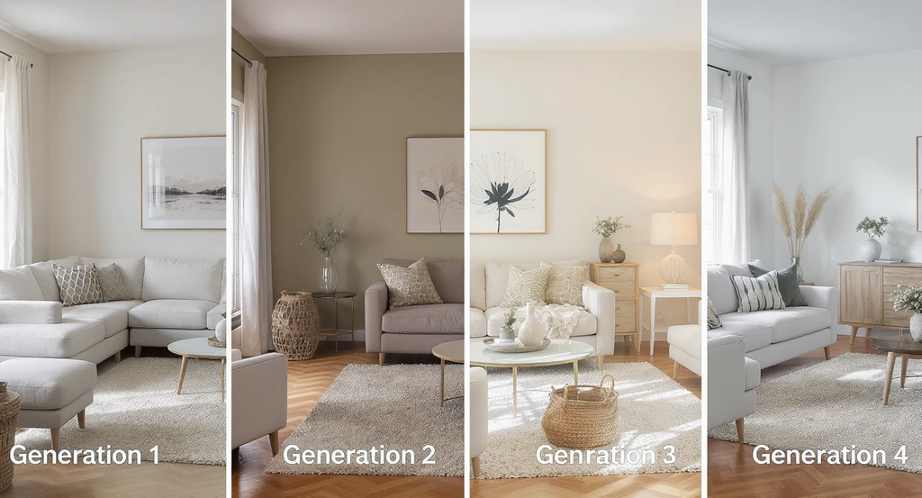 Four photorealistic versions of a modern living room depict how many AI generations for listing-ready room it takes, illustrating the AI room staging process explained in steps to optimize AI home design and providing tips for reducing AI room iterations.