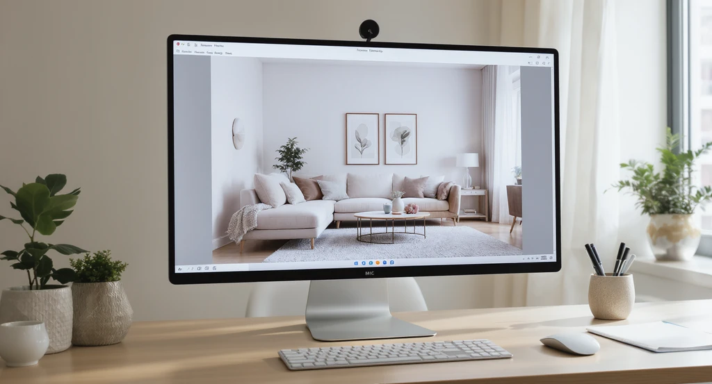 AI room staging process explained: a first-generation AI living room design with subtle visual imperfections displayed on a computer monitor, illustrating how many AI generations for listing-ready room and steps to optimize AI home design.