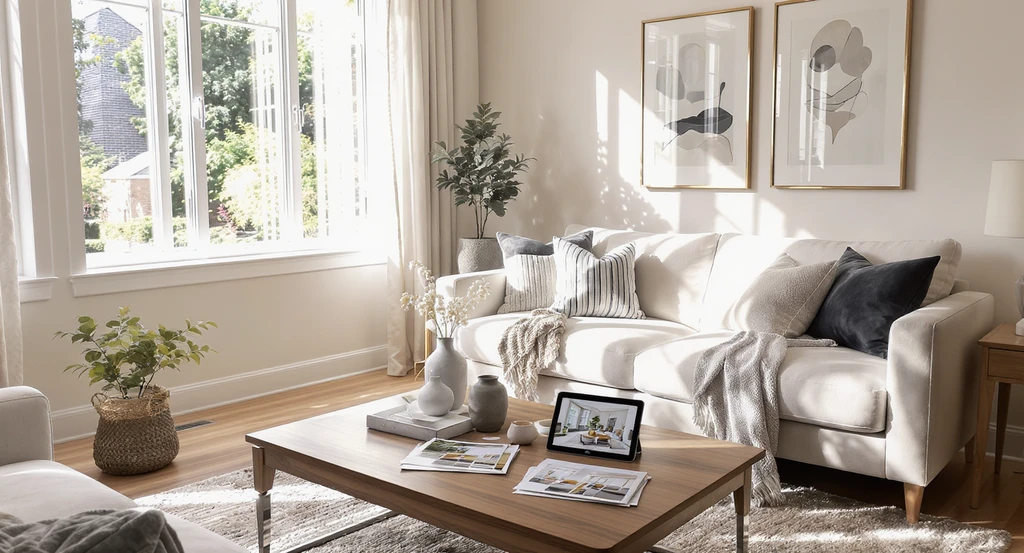 Modern living room staged to listing-ready standards using AI, showing reference photos of prior AI generations, illustrating steps to optimize AI home design.