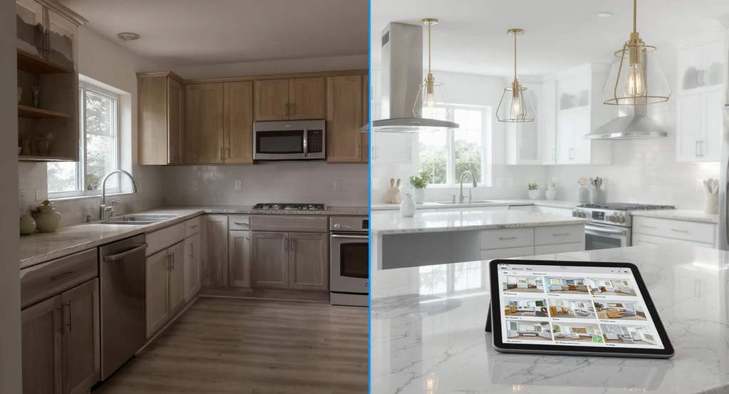 Photorealistic split-view of a kitchen shows AI visualization for interior redesign, illustrating how AI transforms home design decisions with virtual staging for confident renovation planning.