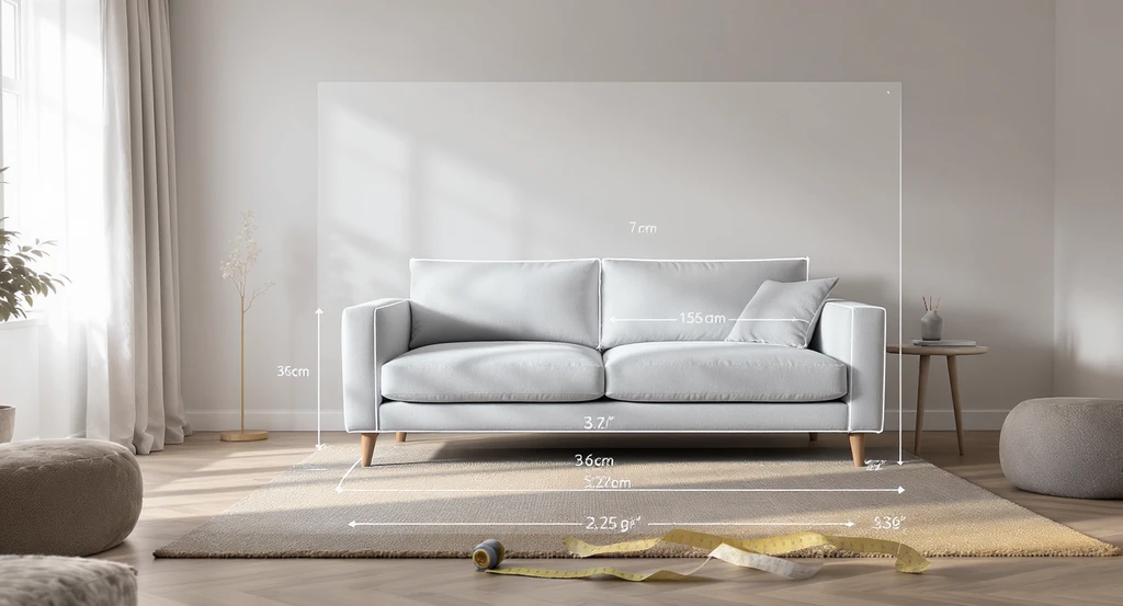 Modern living room with a virtually placed sofa shown at real scale via AI visualization tools, highlighting confident furniture shopping decisions and eliminating manual measuring mistakes when redesigning interiors.