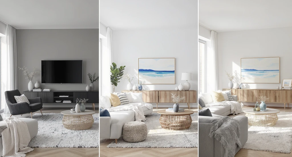Three side-by-side panels show the same living room virtually staged in modern, coastal, and Scandinavian styles, illustrating how AI transforms home design decisions and enables confident interior style comparisons.