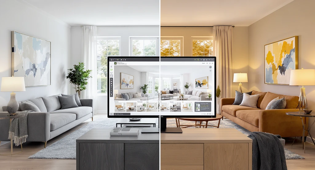 Spacious modern living room divided to show AI visualization for interior redesign, comparing home design styles, virtual staging, and furniture options.