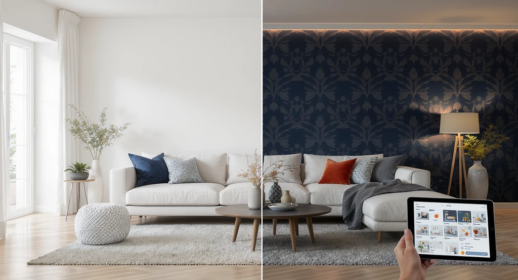 Example of how AI transforms home design decisions: a living room shown split-screen with AI visualization for interior redesign, one side neutral and the other bold with virtual staging using AI to compare interior design styles and feature dramatic changes.