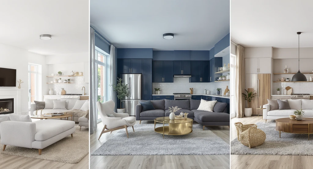 A photorealistic living room and kitchen shown in three side-by-side AI visualizations: different wall colors, kitchen finishes, and staging styles, illustrating how AI transforms home design decisions and enables confident comparisons for interior redesign using AI visualization.