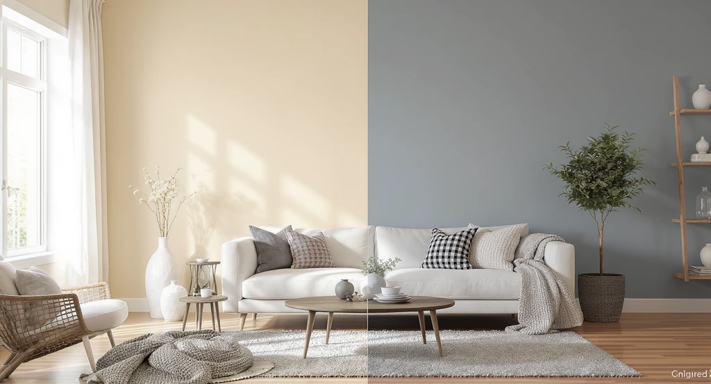 Modern living room showing split-wall with two paint colors, illustrating AI visualization for interior redesign and confident home design decisions.