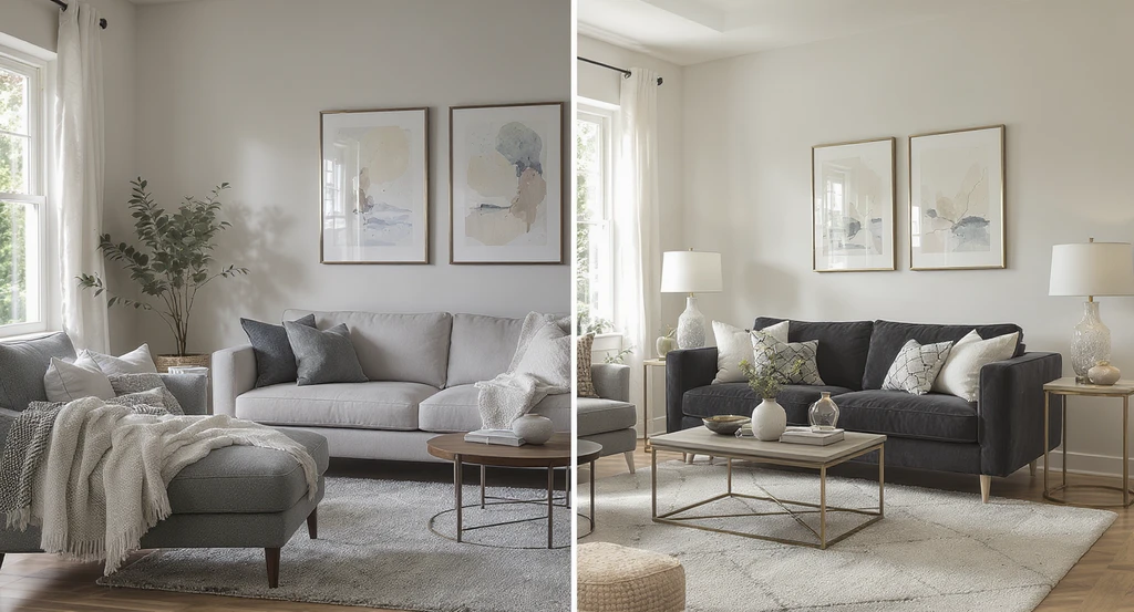 Photorealistic split view of a living room comparing unpredictable results from imagination-based design with AI visualization for interior redesign, showing clear before-and-after transformation.
