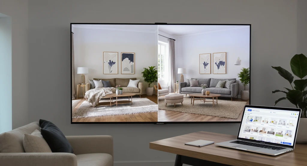 Modern living room with a large screen displaying two AI-generated room designs side by side and a laptop showing multiple room iteration options, highlighting the psychology behind AI home design choices and how users explore alternatives to improve real-world results.