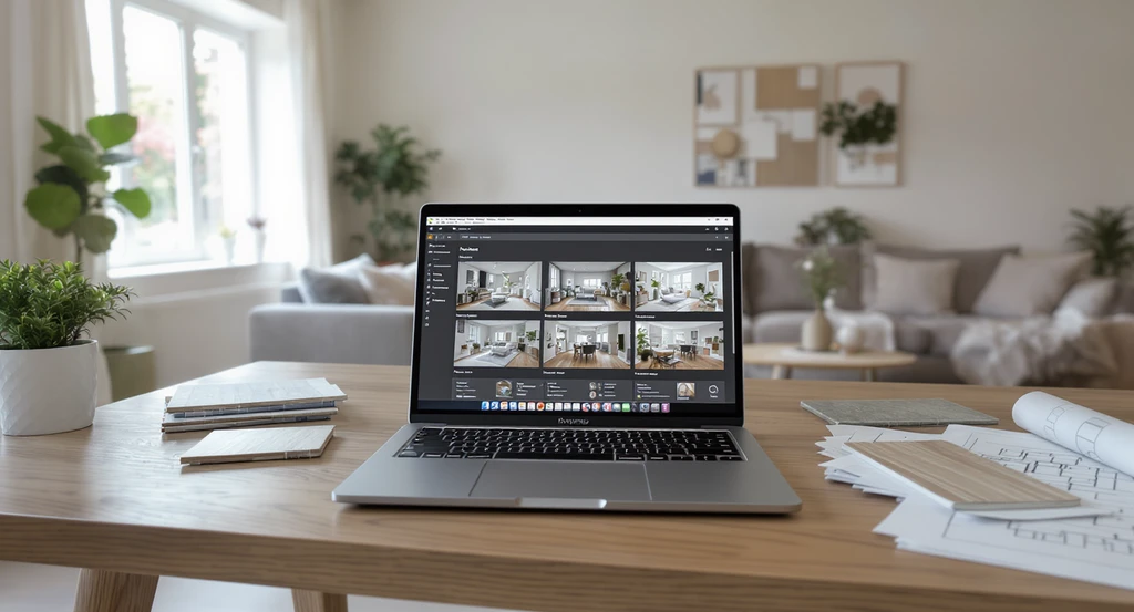 Modern living room design workspace showing a laptop with AI-generated room visualizations, surrounded by material samples and blueprints, illustrating the psychology behind AI home design choices and why users click generate again in AI design for better room iteration results.