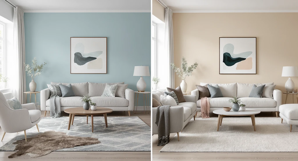 Side-by-side, ultra-realistic living room images comparing a patterned rug and blue wall to a minimalist rug and neutral wall, illustrating best practices for refining AI generated rooms and how AI iterations improve room design.