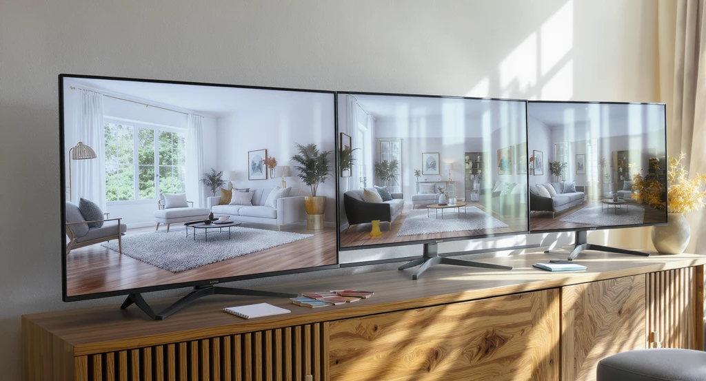 Four screens on a wood credenza show different AI-generated living room designs, surrounded by paint samples and swatches, illustrating the psychology behind AI home design choices and how users refine rooms by clicking generate again in AI design tools.