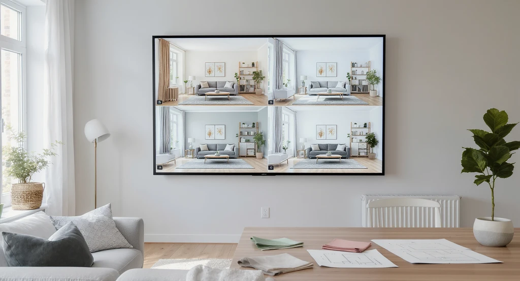 A contemporary living room with a digital screen displaying four unique AI-generated room designs, illustrating how AI visualization refines interior design preferences and demonstrates why users click generate again in ai design.
