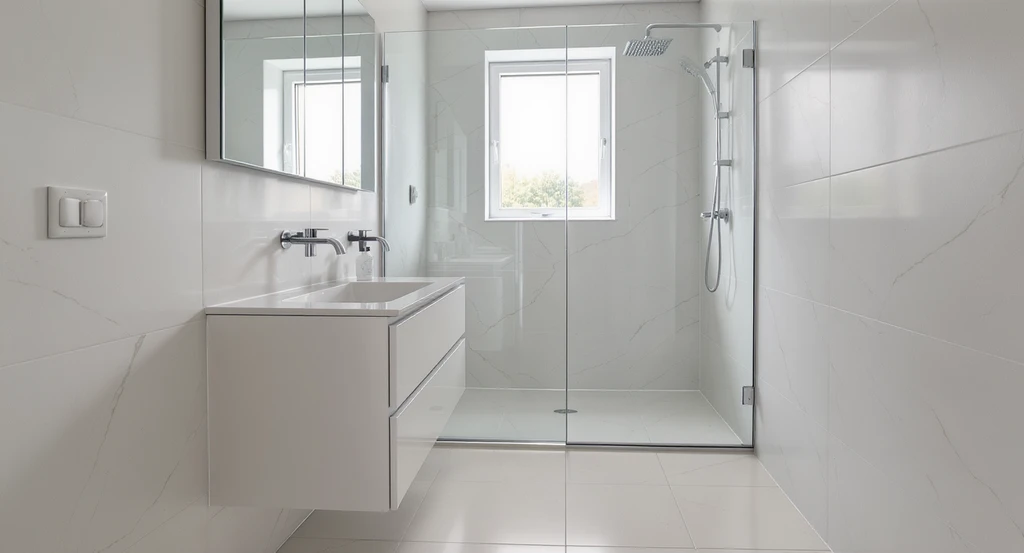 Ultra-realistic small bathroom with floating vanity, glass shower, large mirror, and seamless flooring, showing ai-powered kitchen and bathroom design visualization and budget-friendly bathroom redesign with ai visualization.