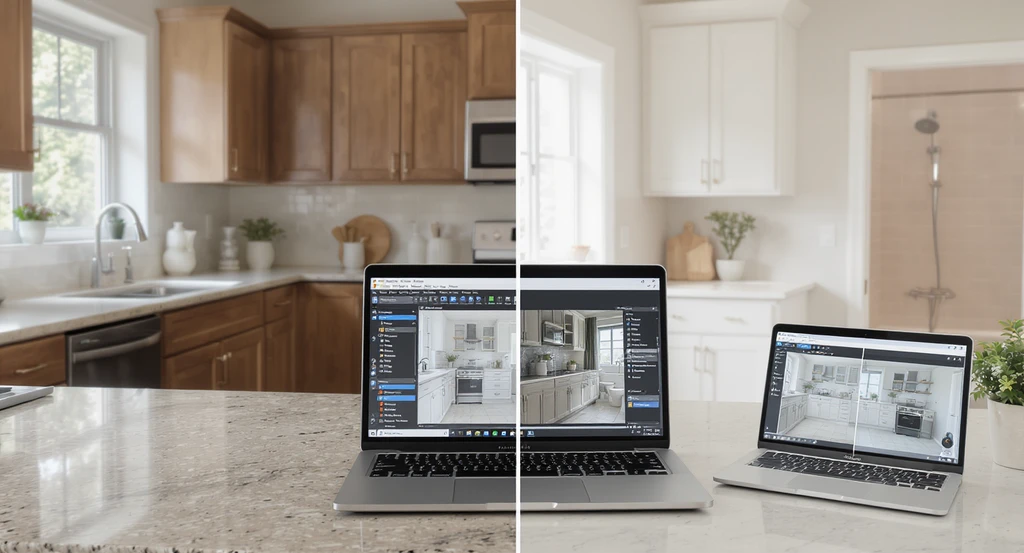 Modern kitchen and bathroom split-view shows ai-powered kitchen and bathroom design visualization, comparing countertop options with ai tools and demonstrating how to use ai for home remodel planning in budget-friendly bathroom redesign with ai visualization. Professional, realistic workflow step by step.