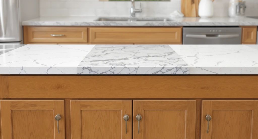 Photorealistic view of a kitchen showing three distinct countertop options—white quartz, veined marble, and porcelain—overlaid on existing cabinetry, illustrating ai-powered kitchen and bathroom design visualization, how to use ai for home remodel planning, and compare countertop options with ai tools in a budget-friendly bathroom redesign with ai visualization, step by step.