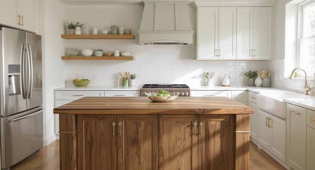 Editorial photo of a kitchen showing ai-powered kitchen and bathroom design visualization: walnut wood island, painted cabinets, and wood shelves for how to use ai for home remodel planning and budget-friendly bathroom redesign with ai visualization.