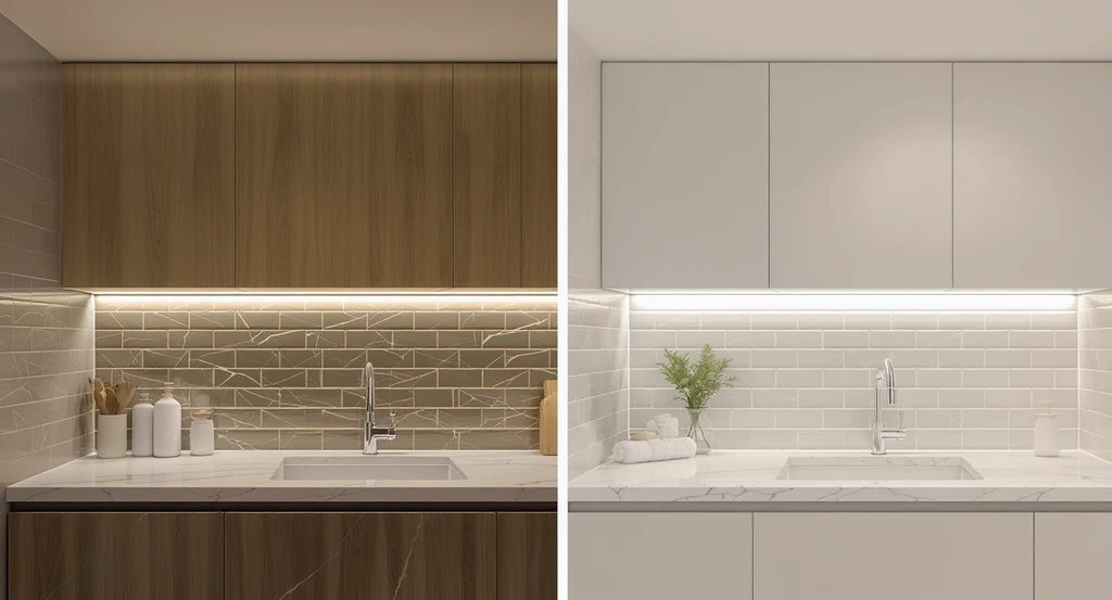 AI-powered kitchen and bathroom design visualization showing layered lighting—ambient, accent, and under-cabinet—across different temperatures for budget-friendly redesign.