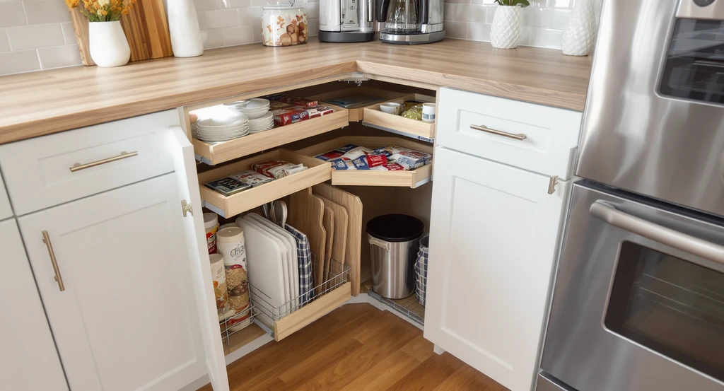 Photorealistic kitchen displaying ai-powered design visualization for remodel planning, featuring pull-out shelves, vertical tray storage, an appliance garage, and hidden recycling bins, as part of a budget-friendly bathroom and kitchen redesign workflow.