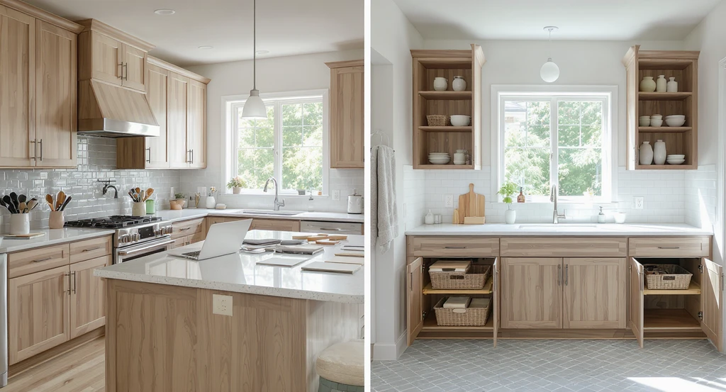 Photorealistic kitchen and bathroom mid-renovation, showcasing ai-powered design visualization, budget-friendly remodel ideas, and virtual countertop comparison tools in a real, modern setting.