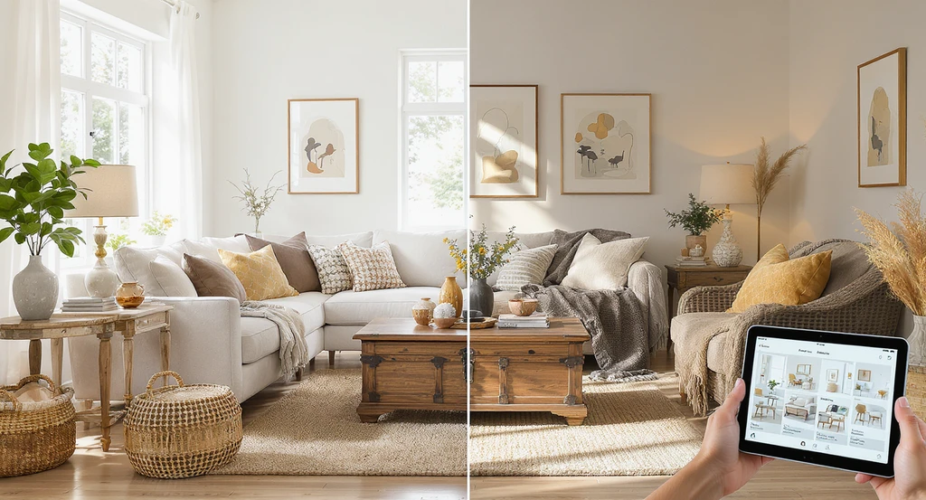 Split-view photorealistic modern cottage living room showing before-and-after AI-powered room makeover, blending antiques and modern decor. An AI interior design platform preview is visible on a tablet, highlighting visualize vintage style rooms with ai, affordable ai room makeover ideas, and best ai interior design platforms 2026.