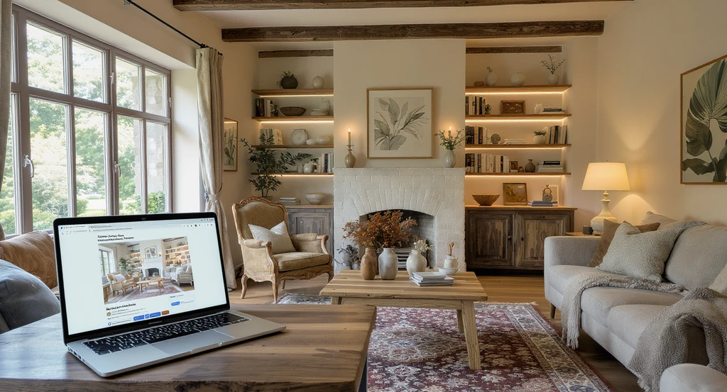 Bright modern cottage living room with mixed antiques and AI-designed decor, showing before-and-after room visualization on a laptop. AI-powered modern cottage room makeovers, best ai interior design platforms 2026, visualize vintage style rooms with ai.