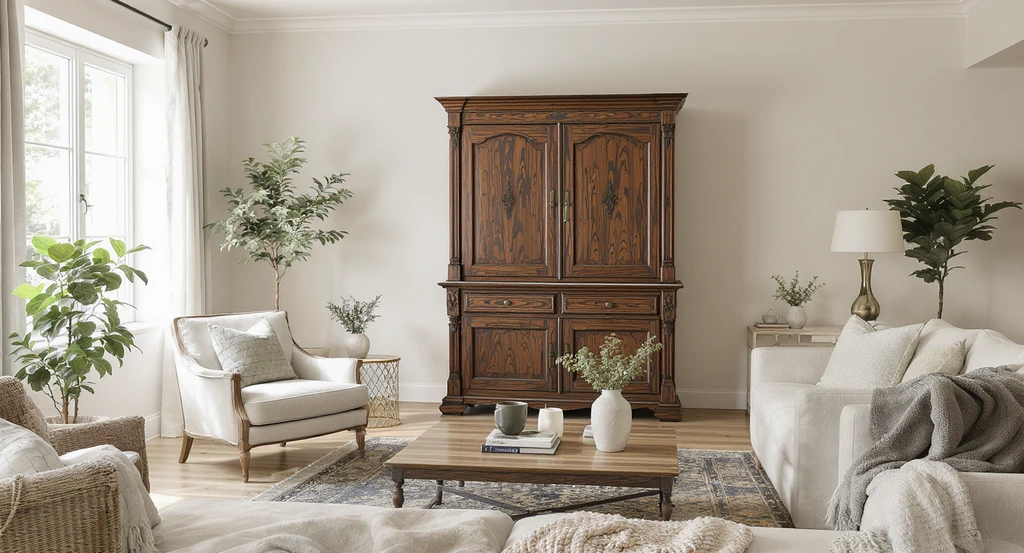 Modern cottage living room organized with ai-powered room makeover tools, illustrating the best ai interior design platforms 2026 and how to mix antiques and ai decor. A dominant antique cabinet and vintage chair are proportionally spaced with at least 36-inch clear walkways, showing affordable ai room makeover ideas and letting you visualize vintage style rooms with ai.