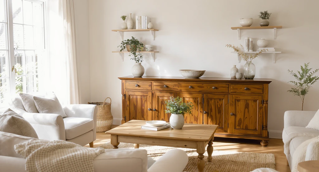 Modern cottage living room with the 3-Tone Rule: an antique walnut sideboard, pine coffee table, and white shelves, highlighted by ai-powered visualization for room makeovers.