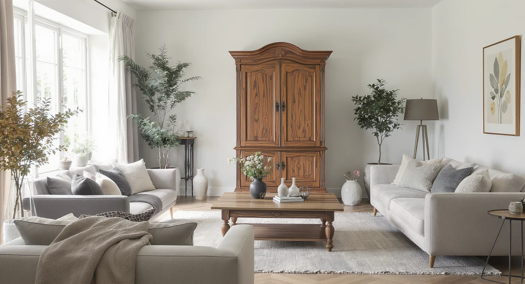 Modern cottage living room staged by ai-powered interior design platforms, blending an antique armoire and vintage table with modern seating for a balanced, open space. Visualize vintage style rooms with ai, best ai interior design platforms 2026, affordable ai room makeover ideas.