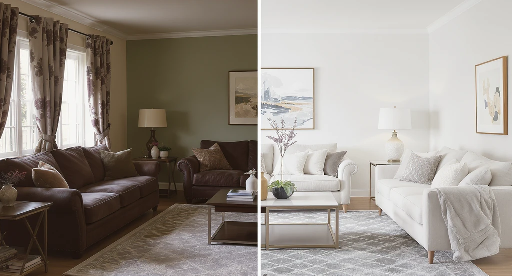 AI-powered virtual staging showcases a side-by-side living room transformation, updating dated interiors with modern decor and neutral colors for summer home listings.