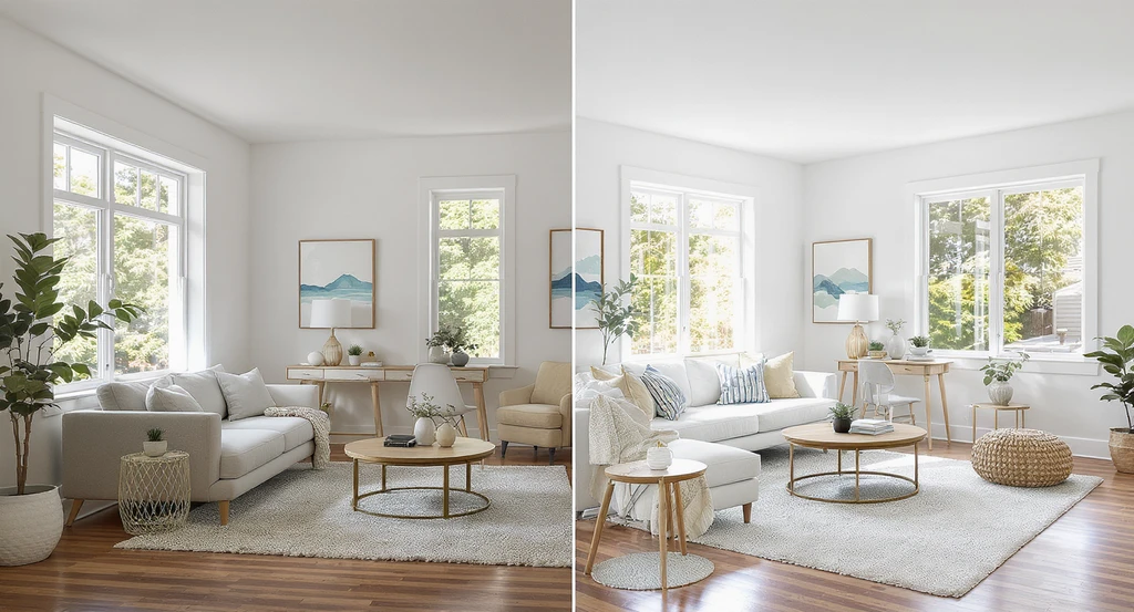 AI-powered virtual staging transforms an empty living room into a clear, inviting summer home listing with functional work-from-home and guest spaces.