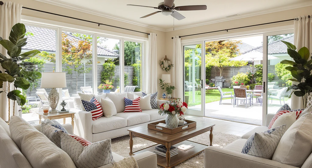 AI-powered virtual staging of a summer home listing, highlighting family-friendly interiors, enhanced outdoor spaces, and July 4th decor using advanced home design tools.