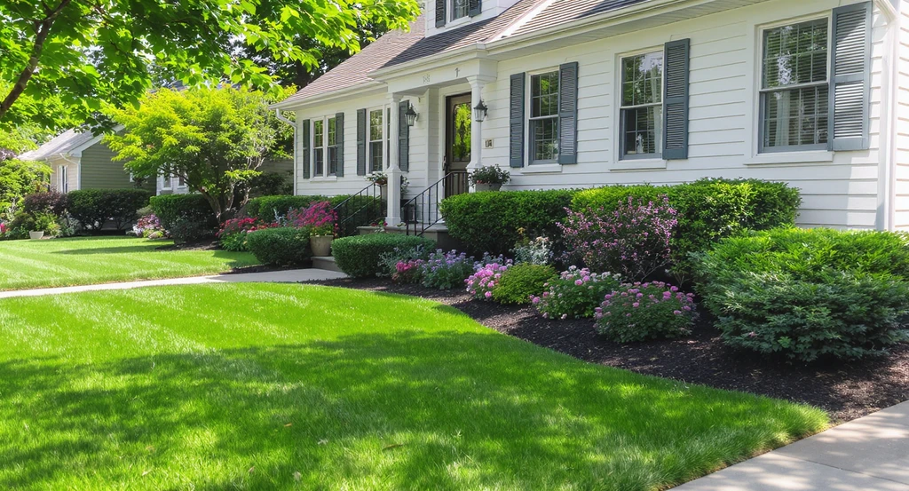 Photorealistic summer home front yard with lush lawn, blooming gardens, and clean, clear pathways staged with AI-powered virtual home design tools for July 4th listings.