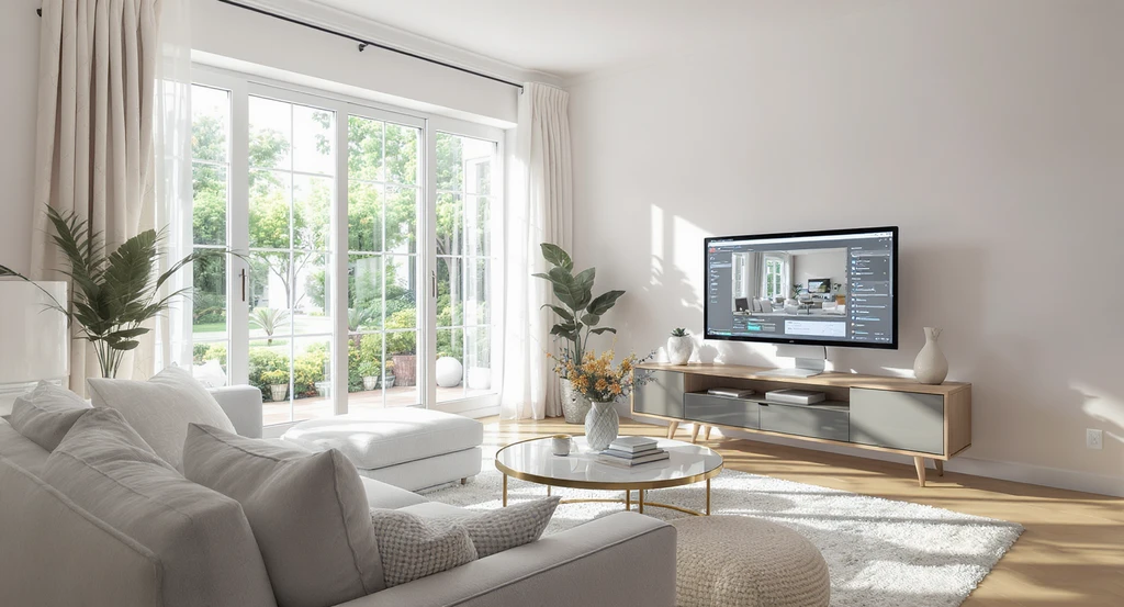 AI-powered virtual staging used for a summer home living room listing, showing balanced natural midday light, even shadows, and optimal lighting setup.