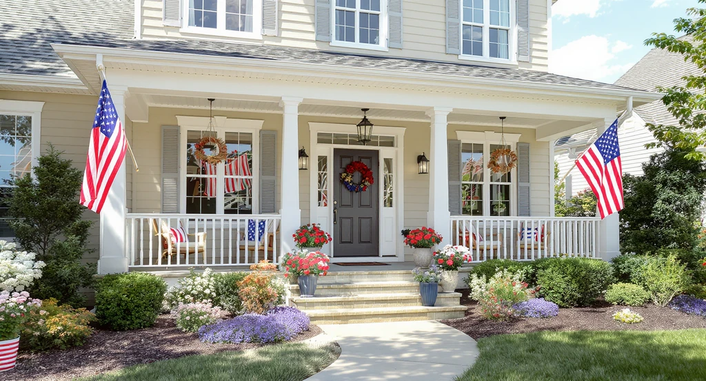 AI-powered virtual staging for summer home listings: digitally enhanced family-friendly suburban house exterior with July 4th decor, showing how AI visualization tools can optimize outdoor spaces for sellers.