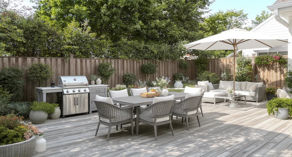 AI-powered virtual staging of a suburban backyard patio with outdoor dining, barbecue area, and lounge furniture, enhancing summer home listings for sellers.