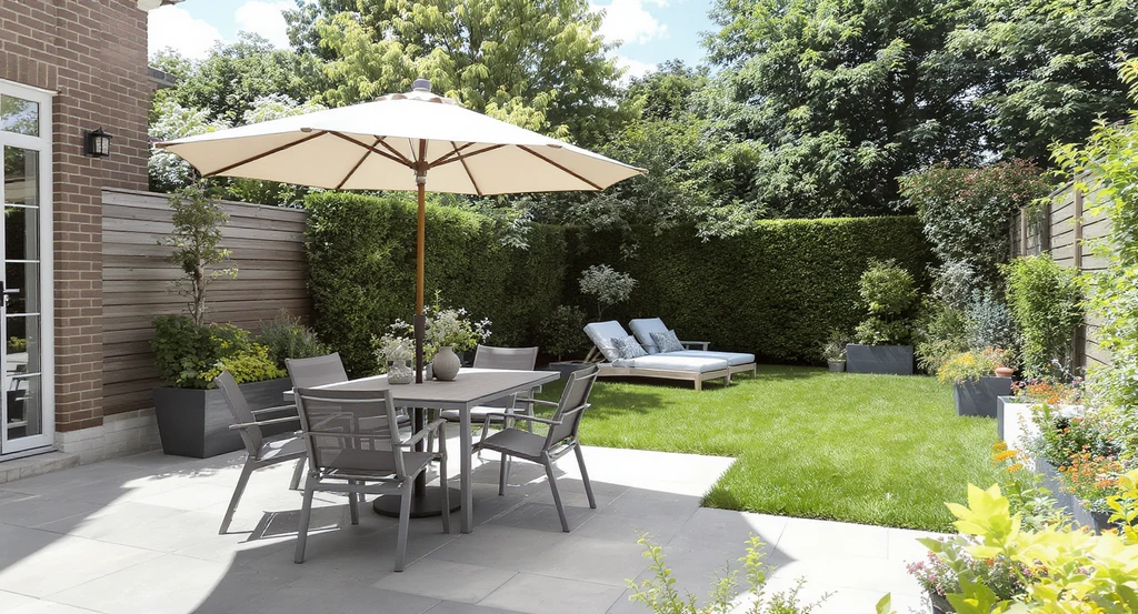Photorealistic summer backyard staged for real estate listing photos, showing defined dining, relaxing, and play zones with hedges, planters, and shade. How to prepare backyard for listing photos, backyard curb appeal ideas before selling, timeline for getting backyard listing ready, what to remove from backyard before photos, best lighting for backyard real estate photos.