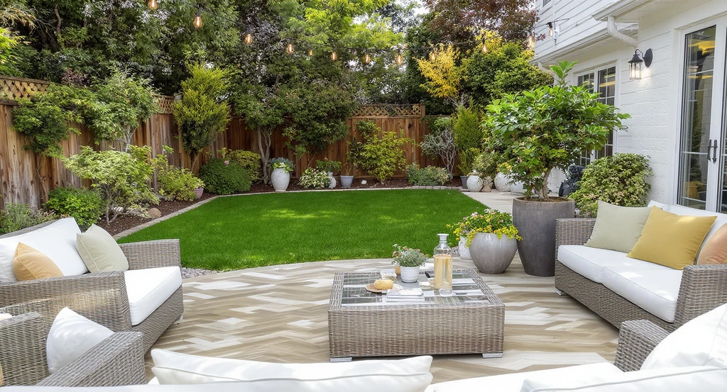Backyard staged for listing photos with a clean, pressure-washed patio, edged green lawn, coordinated outdoor cushions, dramatic planter, and string lights, ideal for maximizing curb appeal before selling and using best lighting for backyard real estate photos.