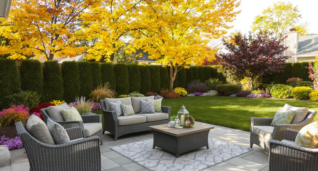 Pristine backyard staged for listing photos, lawns trimmed, furniture arranged, curb appeal maximized, in natural lighting before the holidays.
