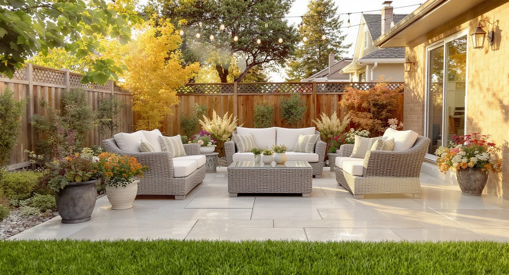 Photorealistic backyard at golden hour illustrating how to prepare backyard for listing photos with clean patio, trimmed lawn, and statement planters; a perfect example of backyard curb appeal ideas before selling and timeline for getting backyard listing ready with everything removed that shouldn’t be in backyard photos, shown in the best lighting for backyard real estate photos.