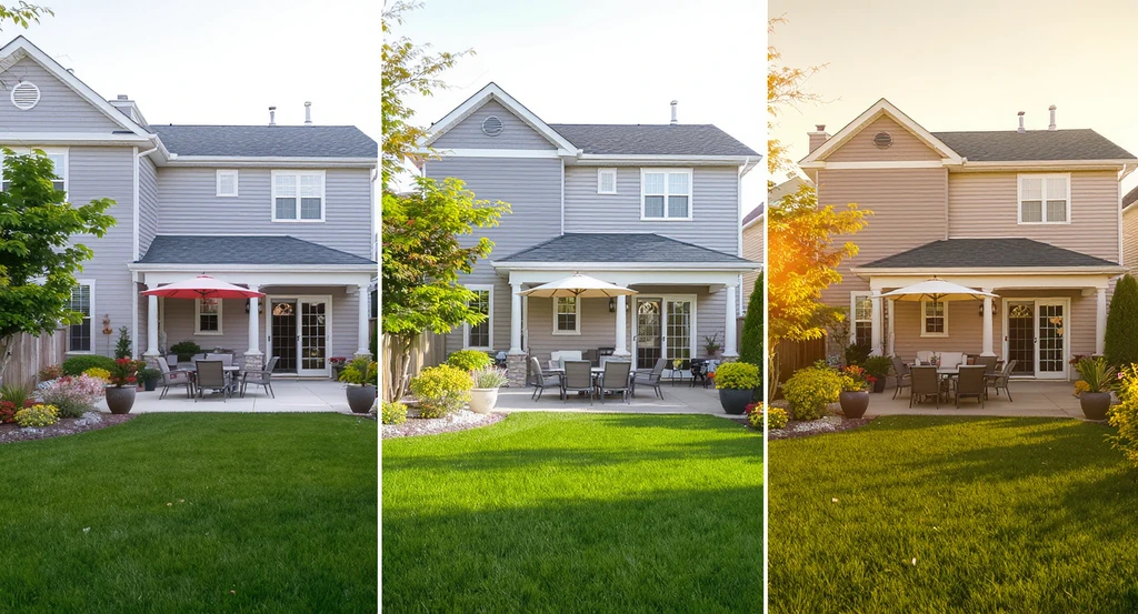 Photorealistic backyard at three times of day—morning, midday, and golden hour—showing best lighting for backyard real estate photos, backyard curb appeal ideas before selling, and how to prepare backyard for listing photos for maximum appeal.