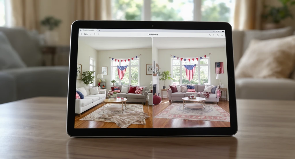 Living room showing AI visualization for July 4th home decor—a tablet previews current vs. patriotic decor layout, illustrating how to use AI for holiday home staging and best AI tools for virtual home styling.