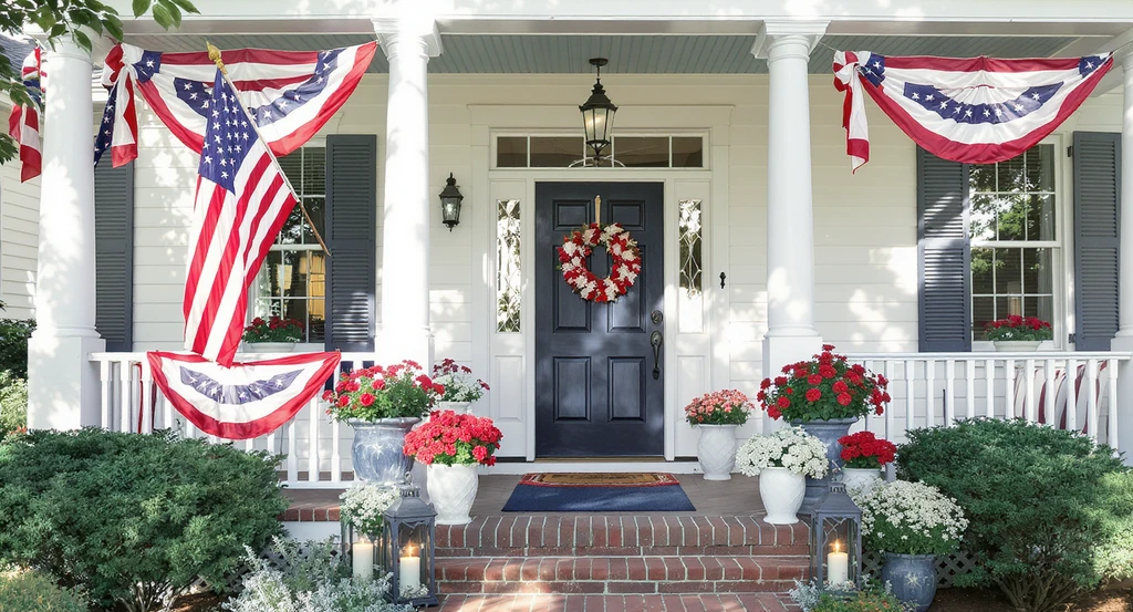 Front porch expertly styled for July 4th with AI visualization, displaying patriotic bunting, flag, festive plants, and modern decor for holiday home staging.
